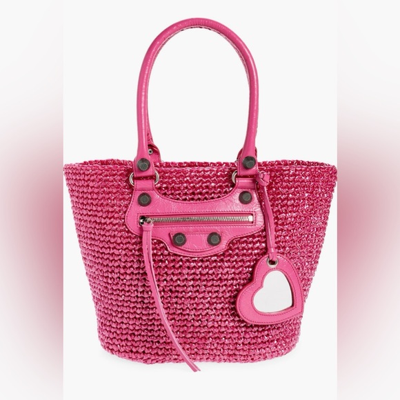 Balenciaga Small Le Cagole Nylon Raffia Tote Light Pink NEW NWT Handbag Purse - Picture 1 of 16